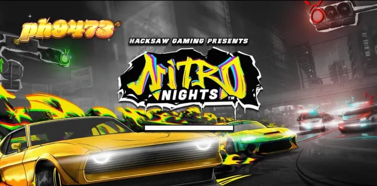 Tampilan layar permainan slot Nitro Nights dengan tema balap mobil neon