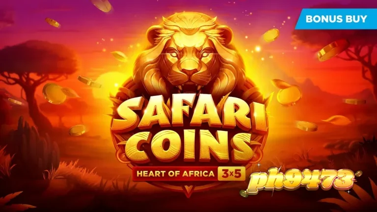 Pemandangan visual slot Safari Coins dengan latar belakang savana Afrika yang memukau.
